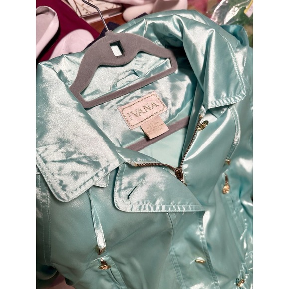 Vtg 1990 IVANA (Trump) Satin Parka Jacket Aqua Gold Crest Buttons Hooded L /XL - Picture 4 of 5